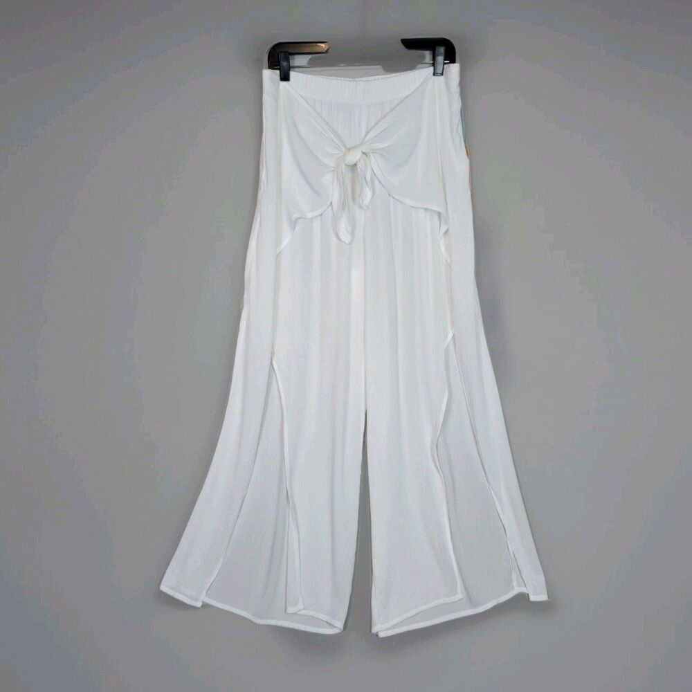 New Kona Sol Womens Large High Tie Waist Beach Cover Up Pants White Crinkle